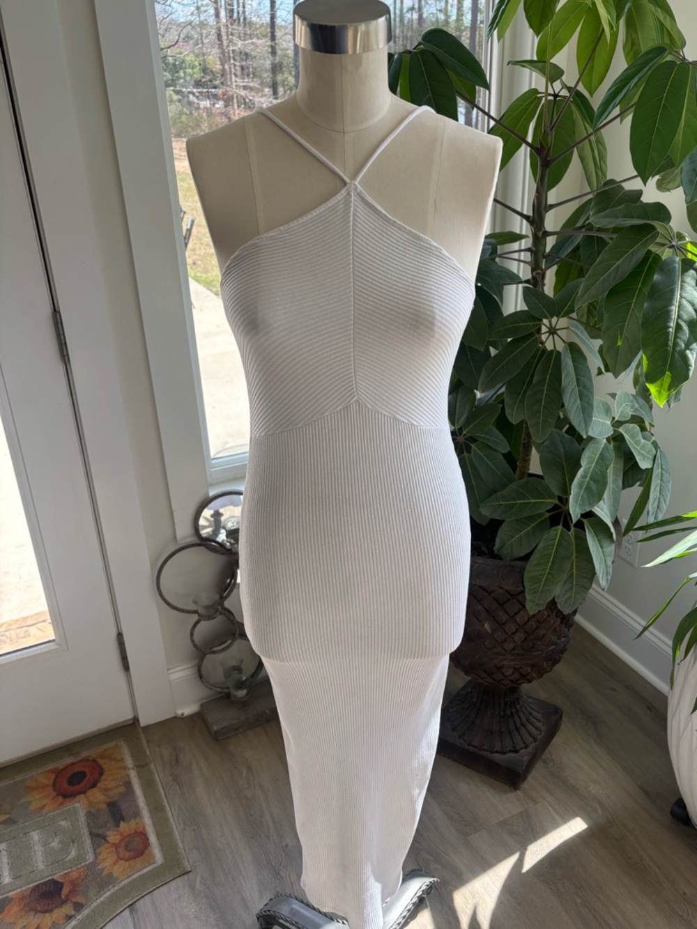 Zara White Ribbed Halter Maxi Dress